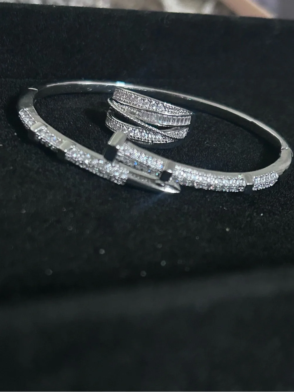 Elegant Silver-Tone Pave Crystal Bracelet and Ring Set